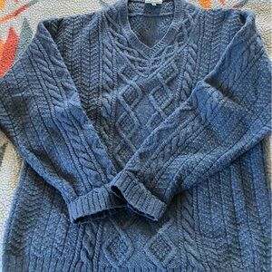 Carriage Donn Irish hand knit  v-neck sweater in cobalt blue,in Aran knit